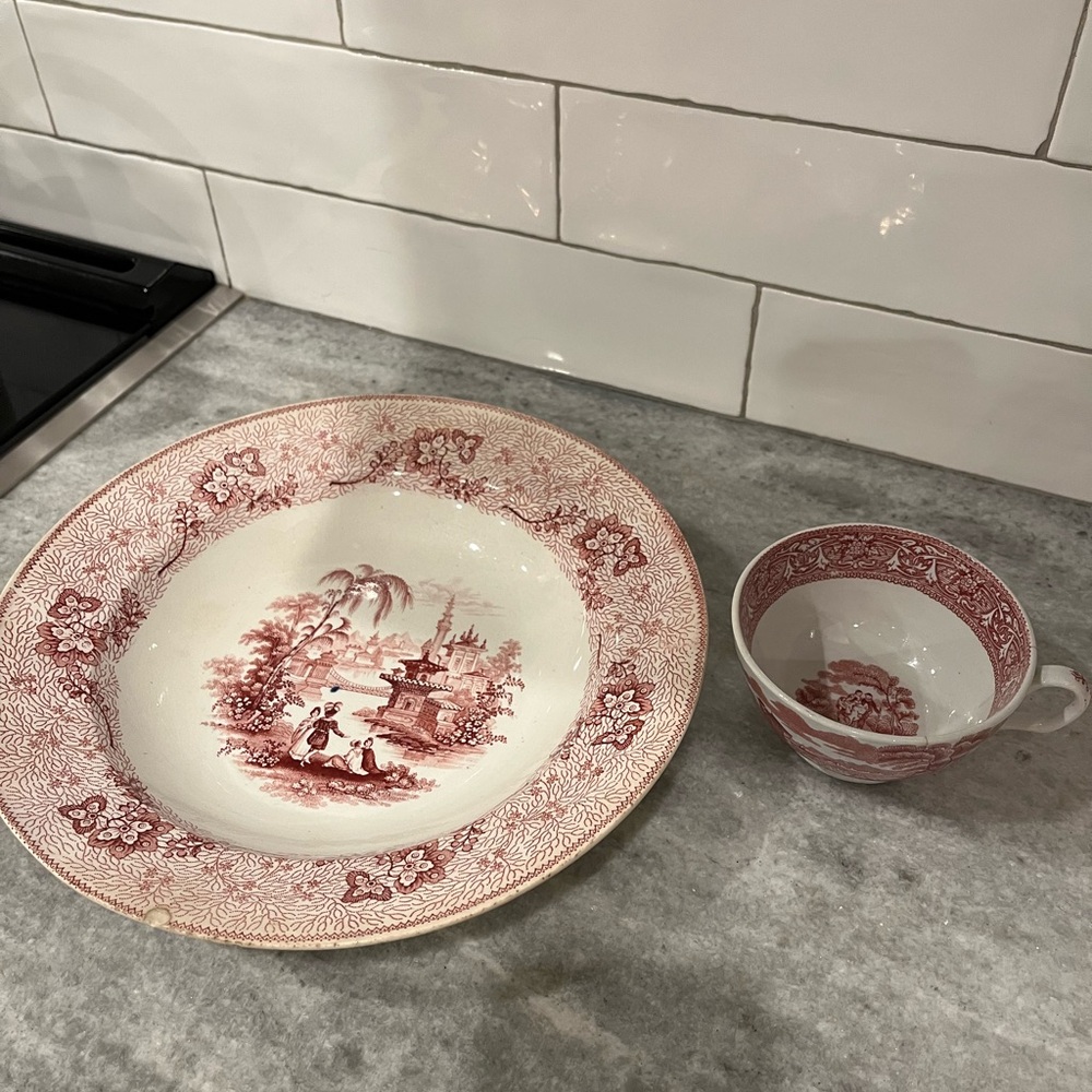 Vintage Red and White China Set